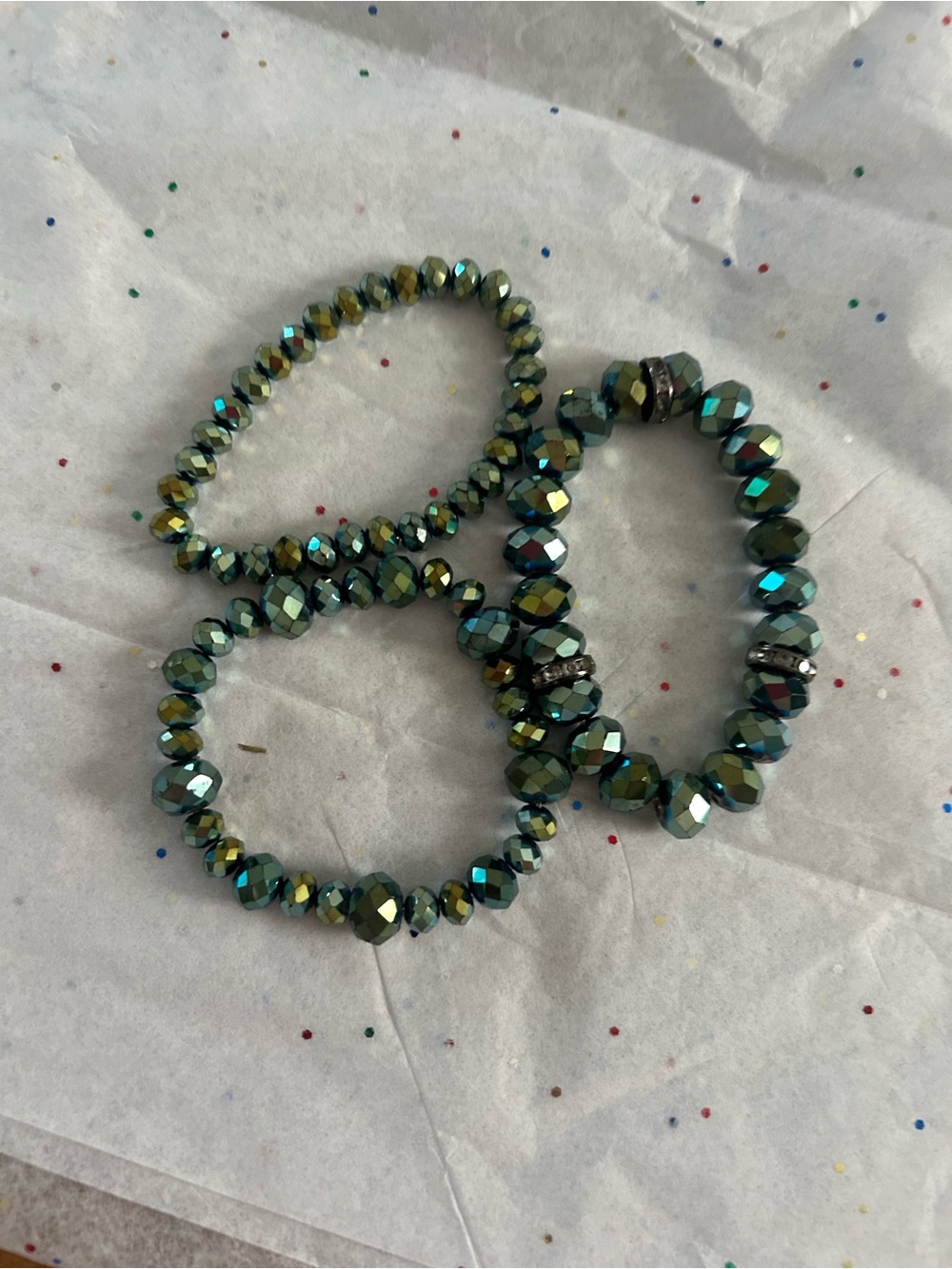 Three-Piece Iridescent Green Crystal Stretch Bracelet Set